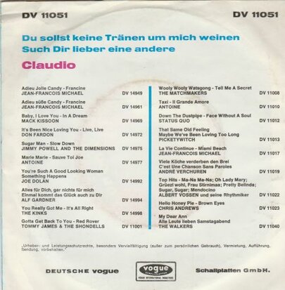 Claudio - Du Sollst Keine Tr?nen Um Mich Weinen + Such Dir Lieber Eine Andere (Vinylsingle)