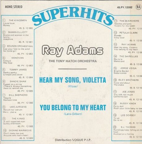 Ray Adams - Hear My Song Violetta + You Belong To My Heart (Vinylsingle)