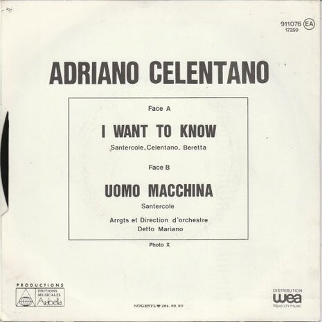 Adriano Celentano - I want to know + Uomo Machina (Vinylsingle)