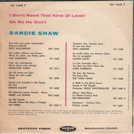 Sandie Shaw - I don't need that kind of lovin' + Oh no don't (Vinylsingle)