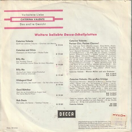 Caterina Valente - Verbotene Liebe + Das And're Gesicht (Vinylsingle)