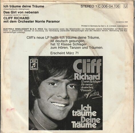 Cliff Richard - Ich traume deine traume + Das girl von nebenan (Vinylsingle)