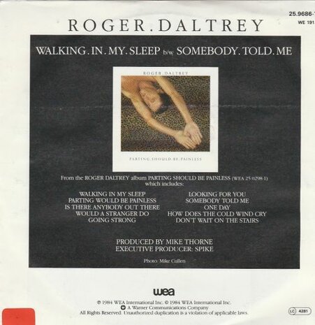 Roger Daltrey - Walking in my sleep + Somebody told me (Vinylsingle)